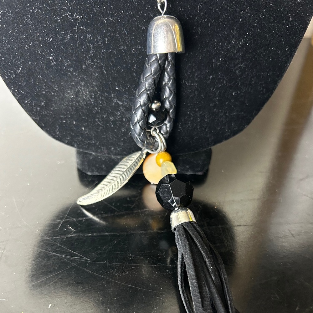 Boho Western Wood Beaded Necklace w/ Leather Tassel - Picture 3 of 4